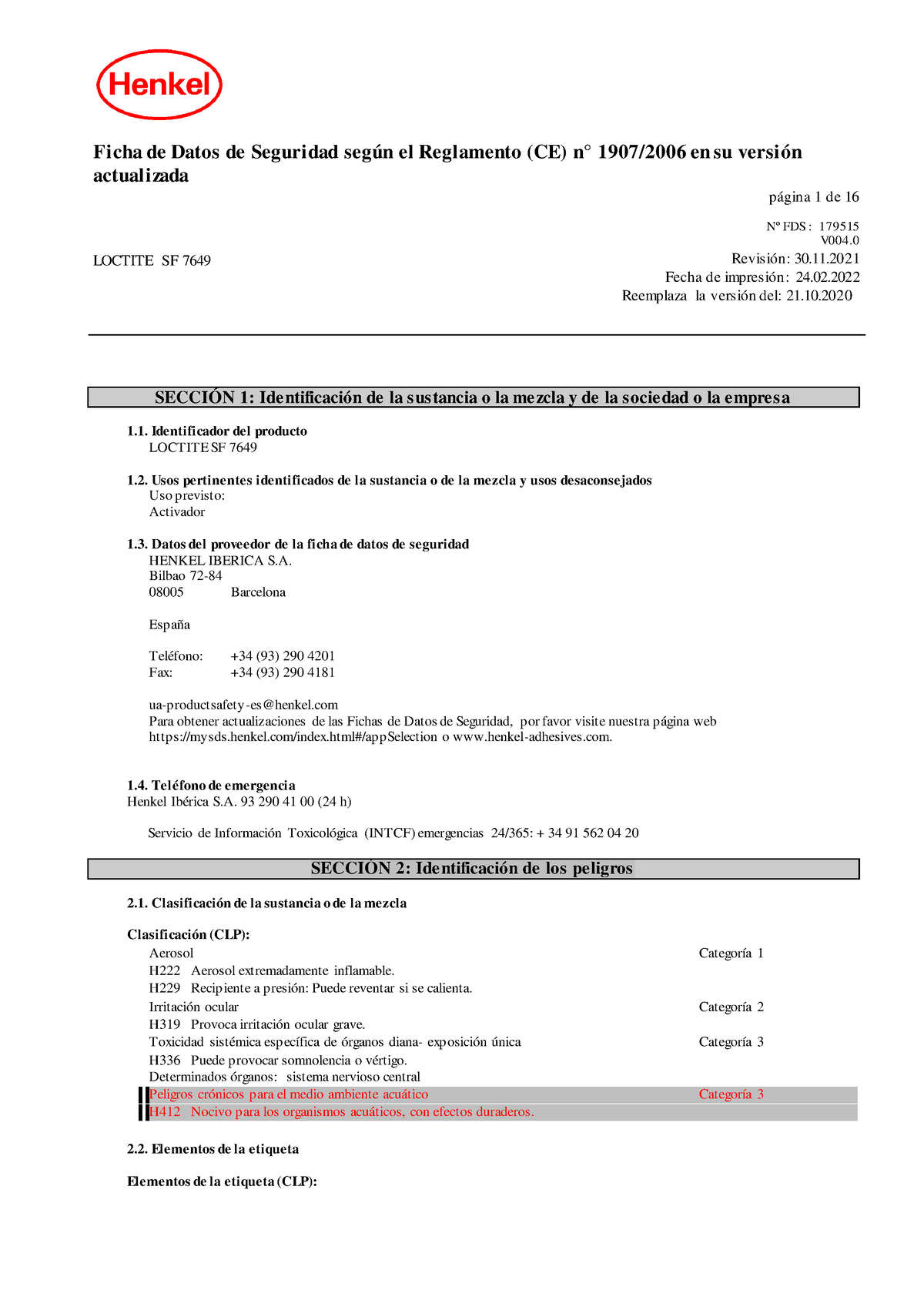 101 Loctite Sf 7649 Hoja De Seguridad Ficha De Datos De Seguridad Según El Reglamento Ce N 4308