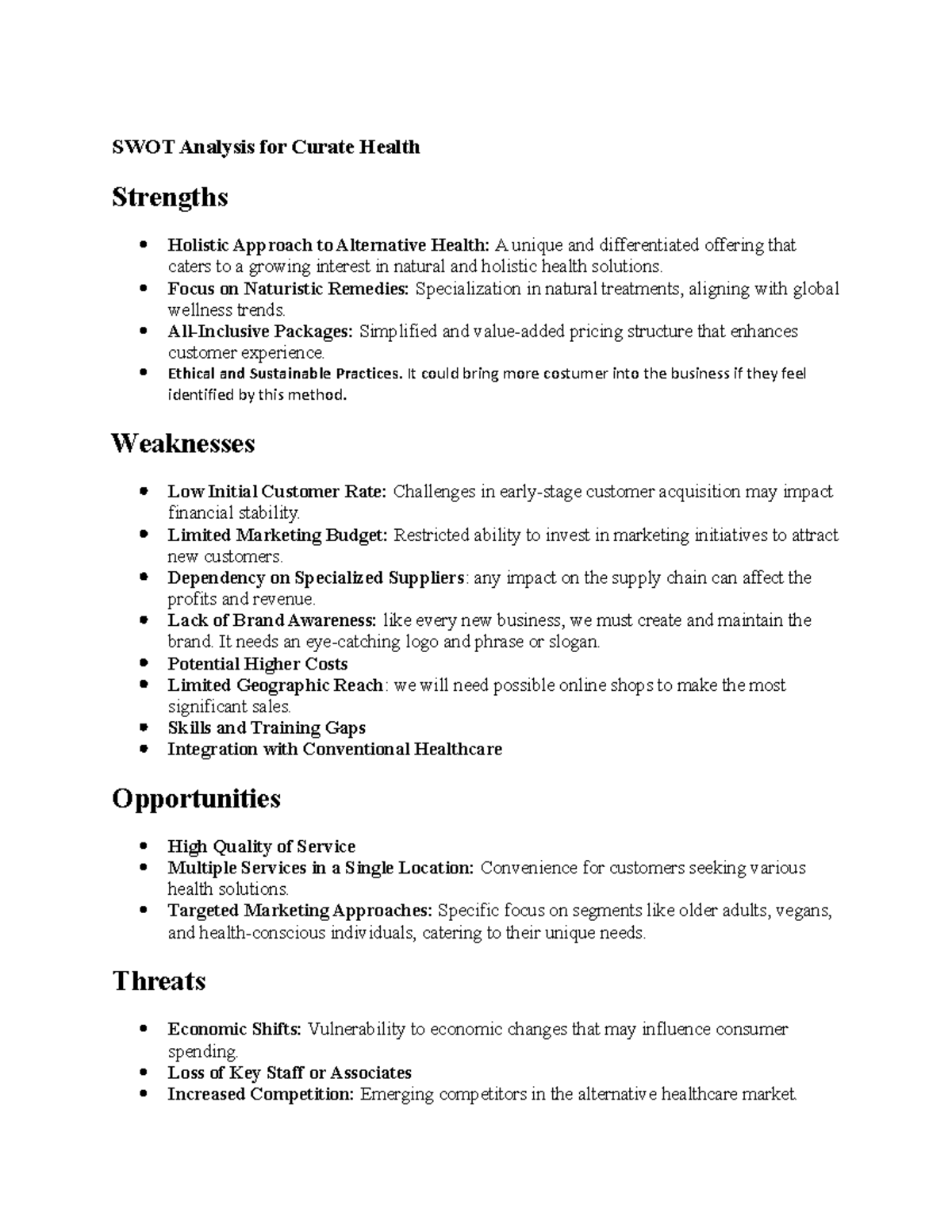 SWOT Analysis for Curate Health - SWOT Analysis for Curate Health ...