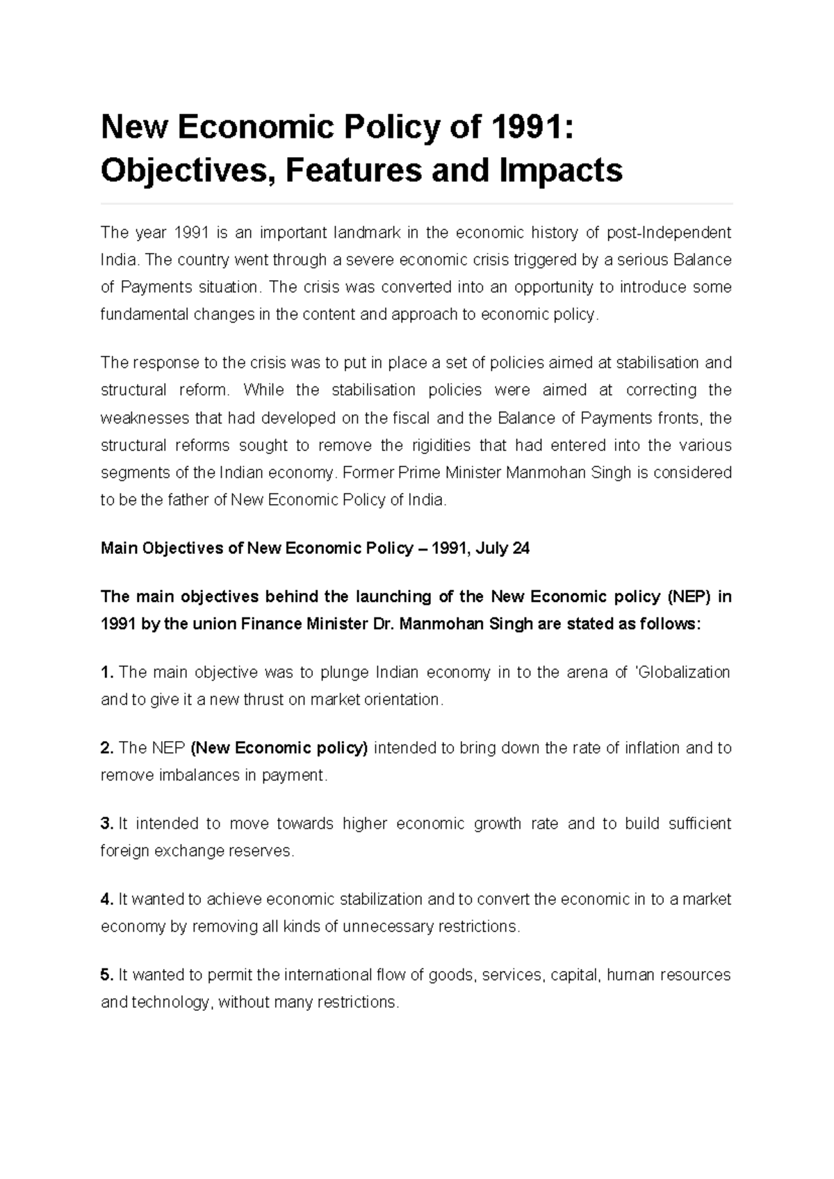 Economics-reforms - Notes on economics reforms since independence - New ...