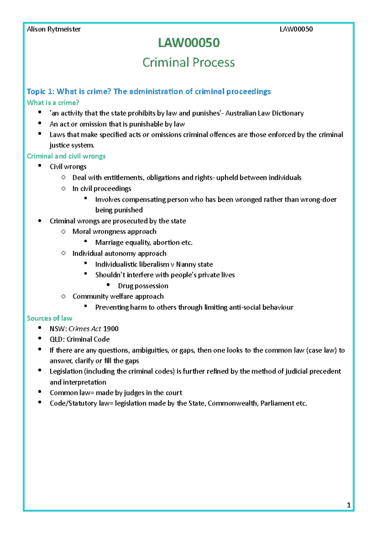 LAW00050 Notes - Summary Criminal Process - LAW Criminal Process Topic ...