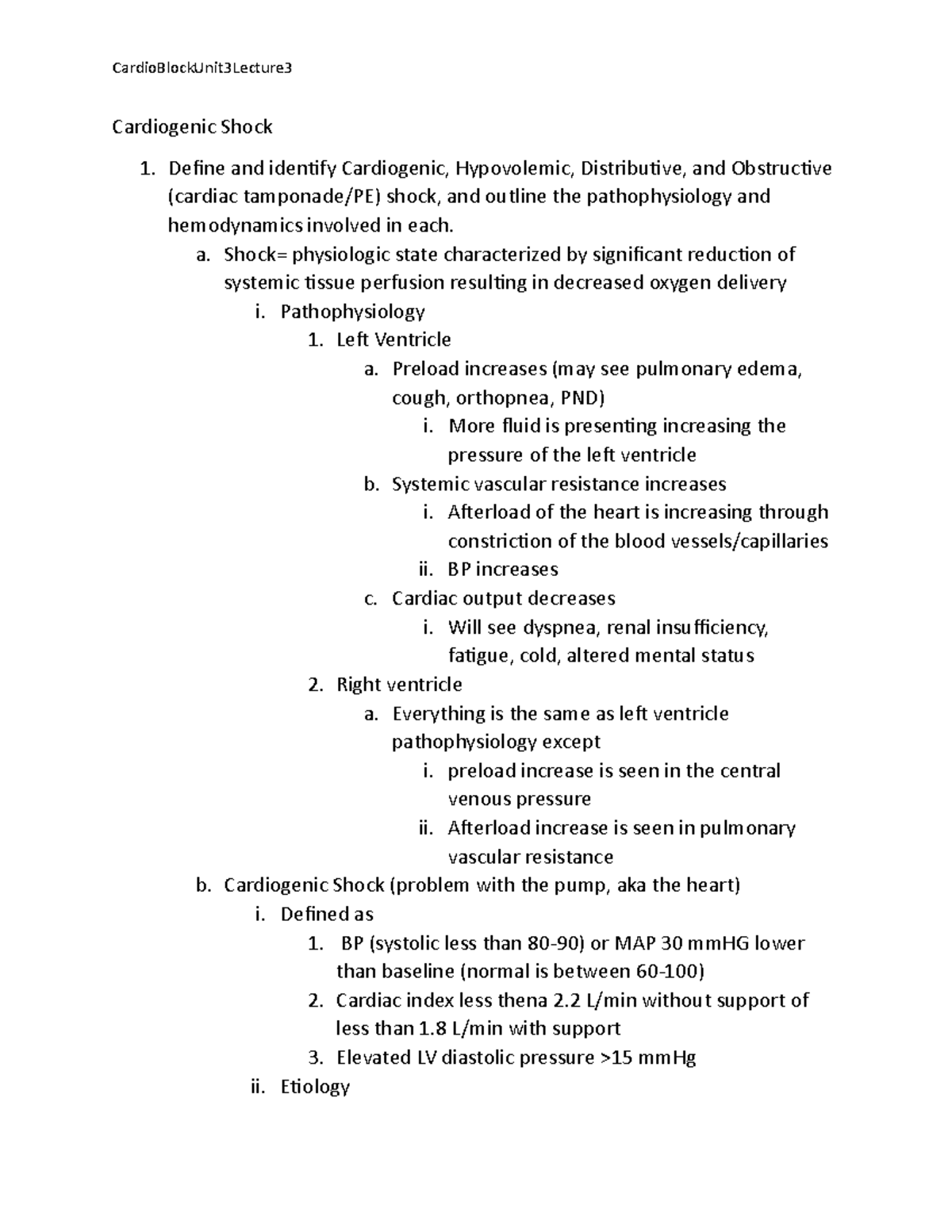 Unit3Lecture 3Cardiogenic Shock CardioBlockUnit3Lecture Cardiogenic
