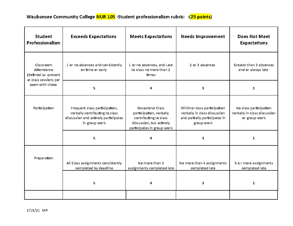 professional-rubric-nur105-waubonsee-community-college-nur-105