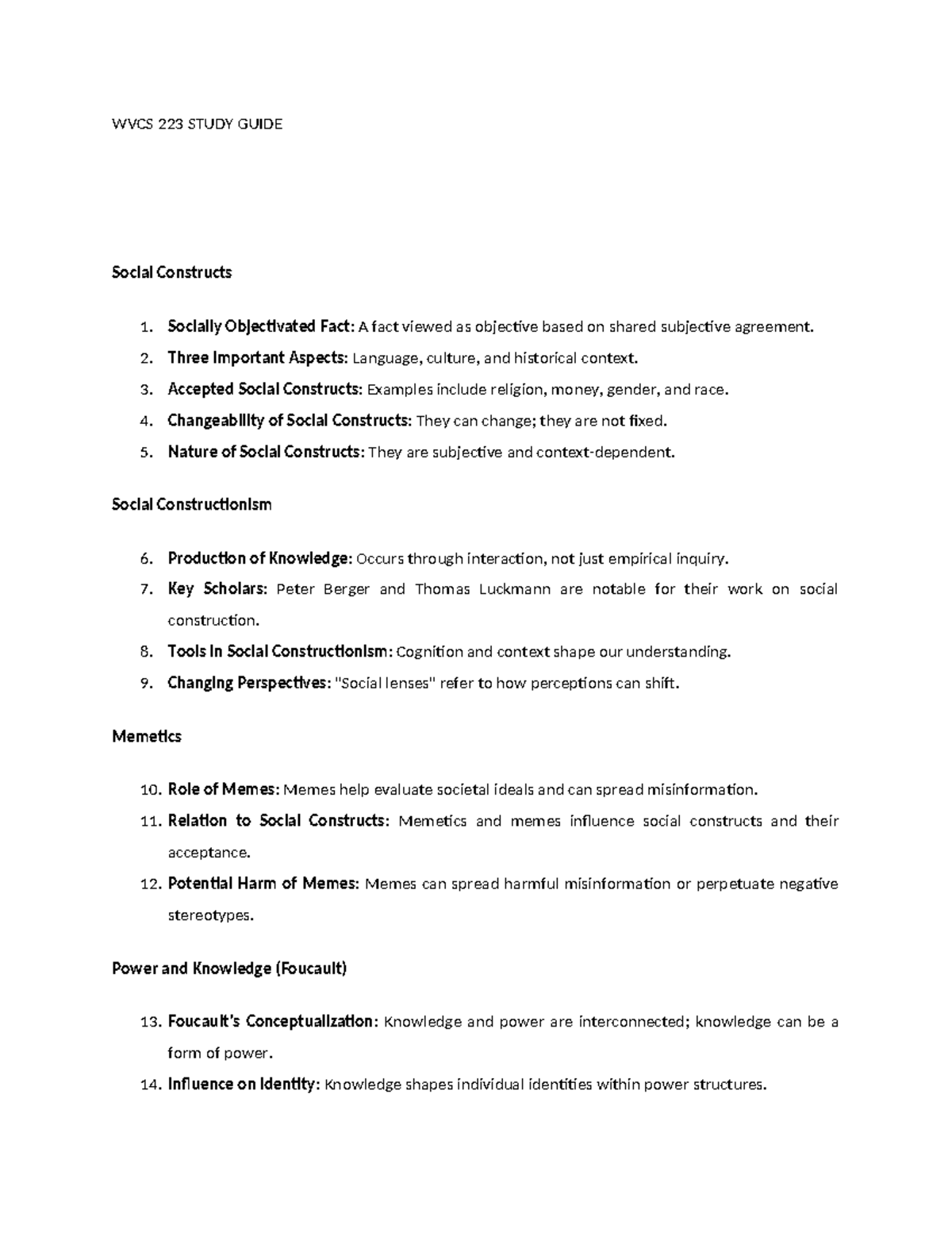 WVCS 223 Study Guide - WVCS 223 STUDY GUIDE Social Constructs 1 ...