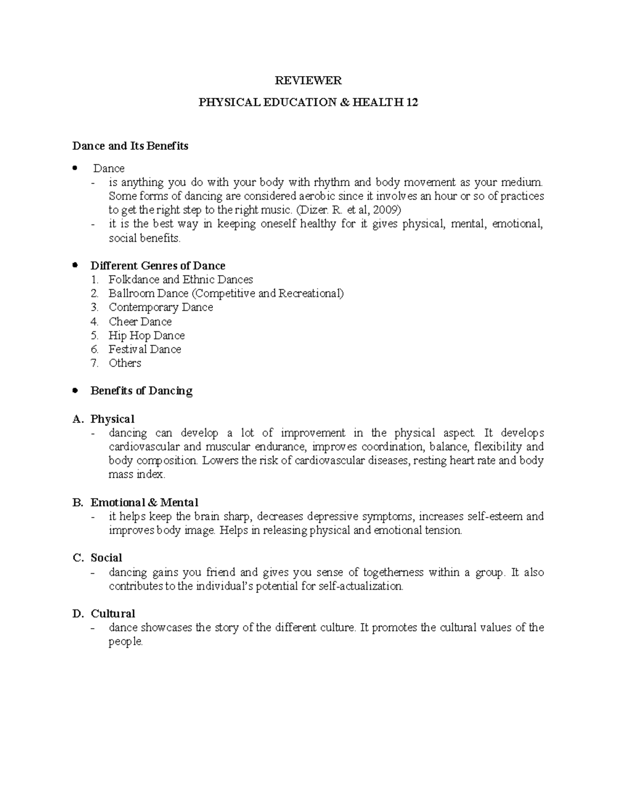 G12 PE Reviewer REVIEWER PHYSICAL EDUCATION & HEALTH 12 Dance and Its