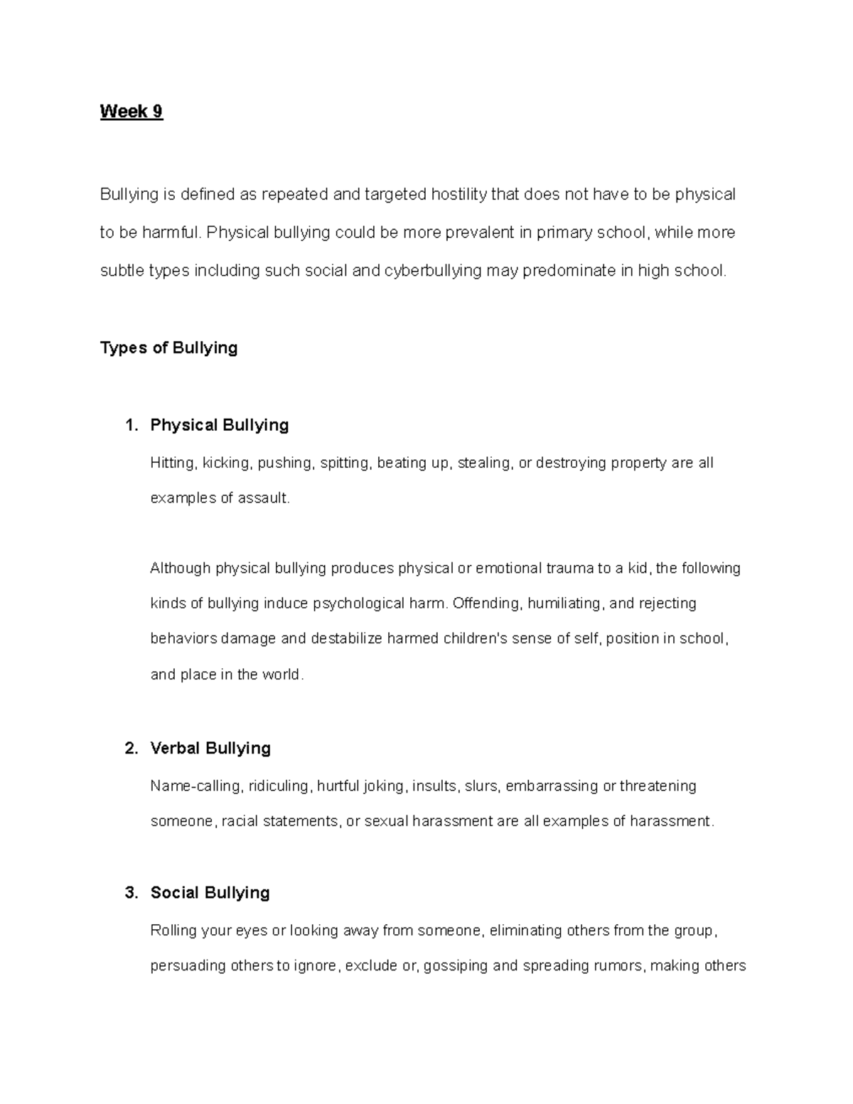 FMST 210 Week 9 and text book - Week 9 Bullying is defined as repeated ...