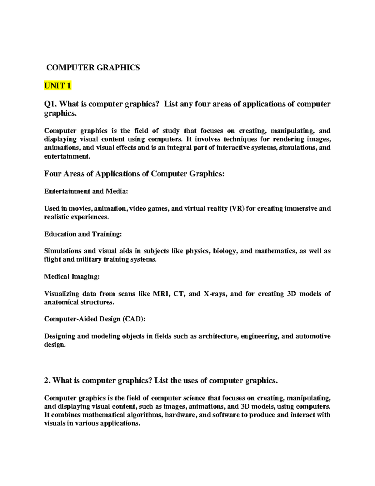 Graphics - notes - COMPUTER GRAPHICS UNIT 1 Q1. What is computer ...