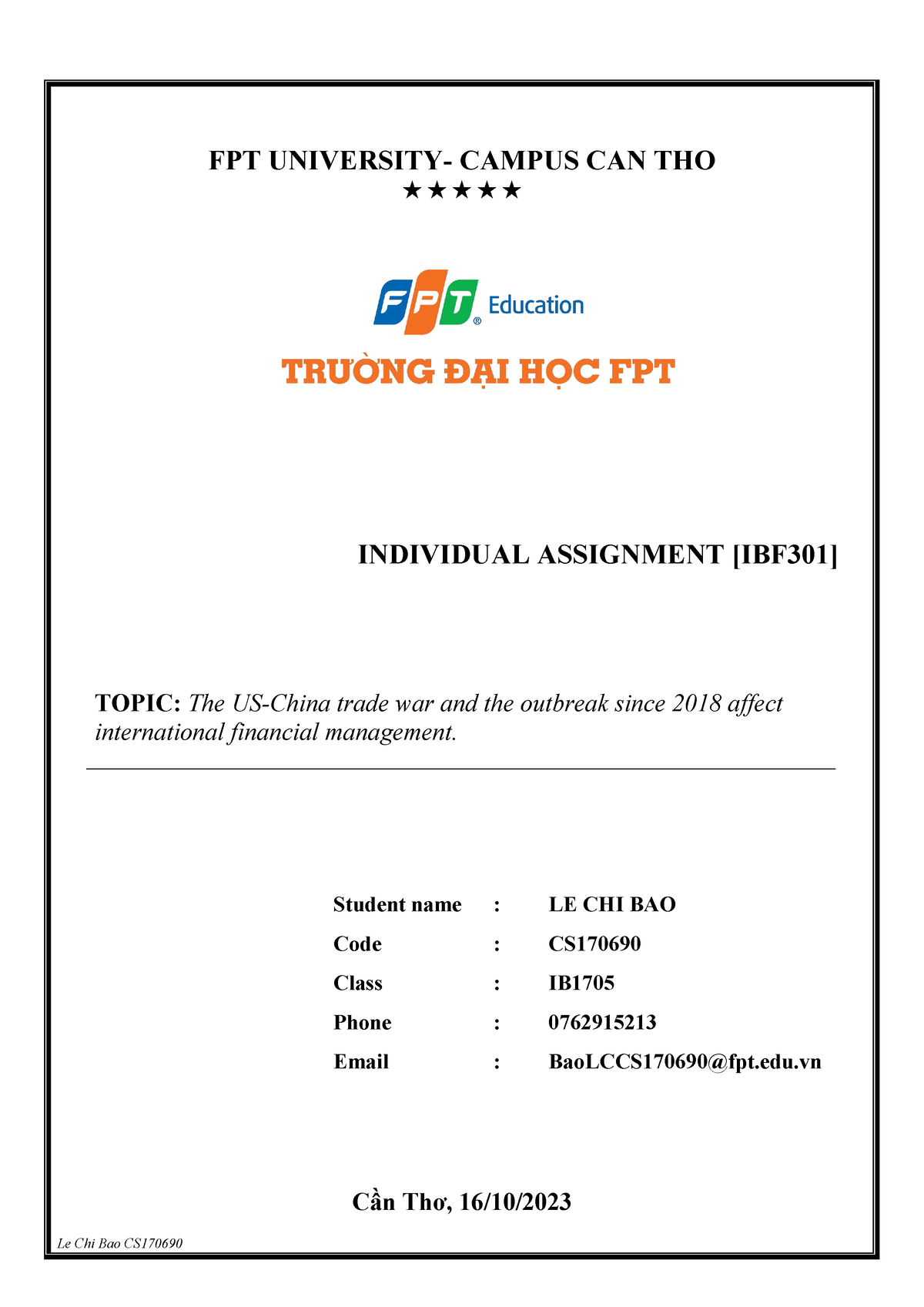 FA23 IBF301 IB1705 Individual Assignment Bao LC - FPT UNIVERSITY ...