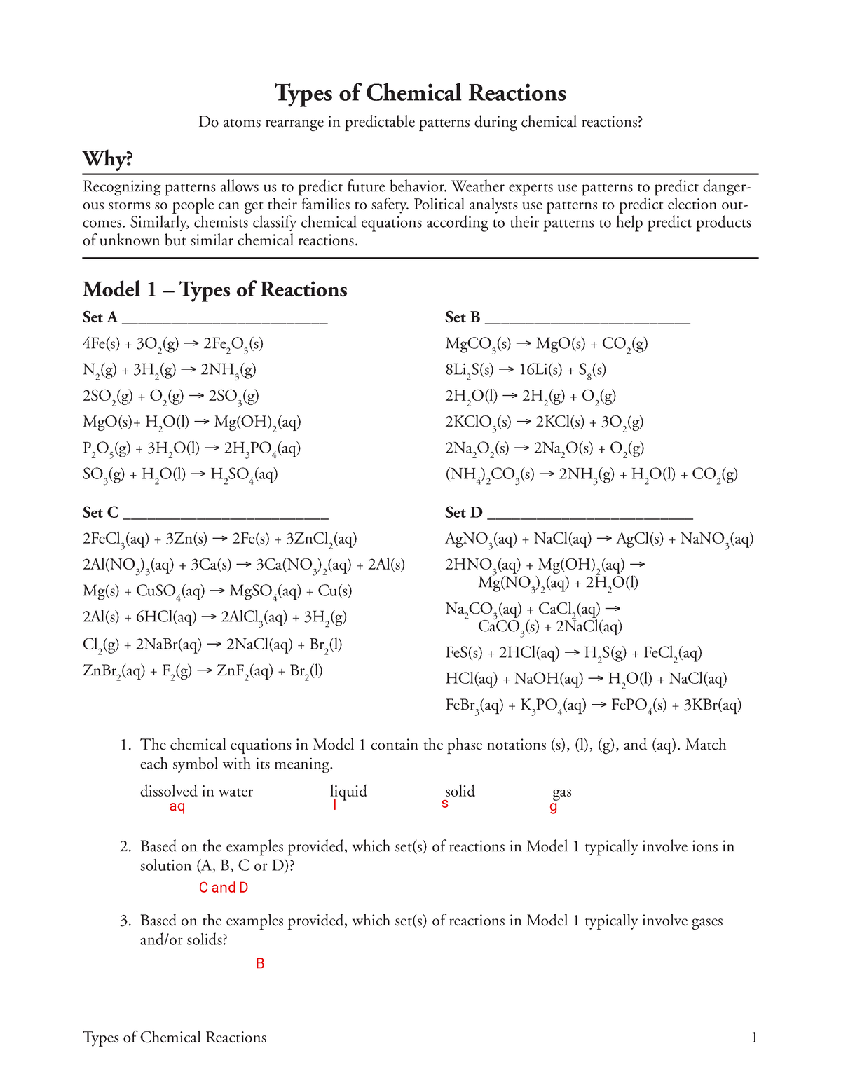 Types of chemical reactions POGIL - Types of Chemical Reactions 20 Throughout Types Of Reactions Worksheet