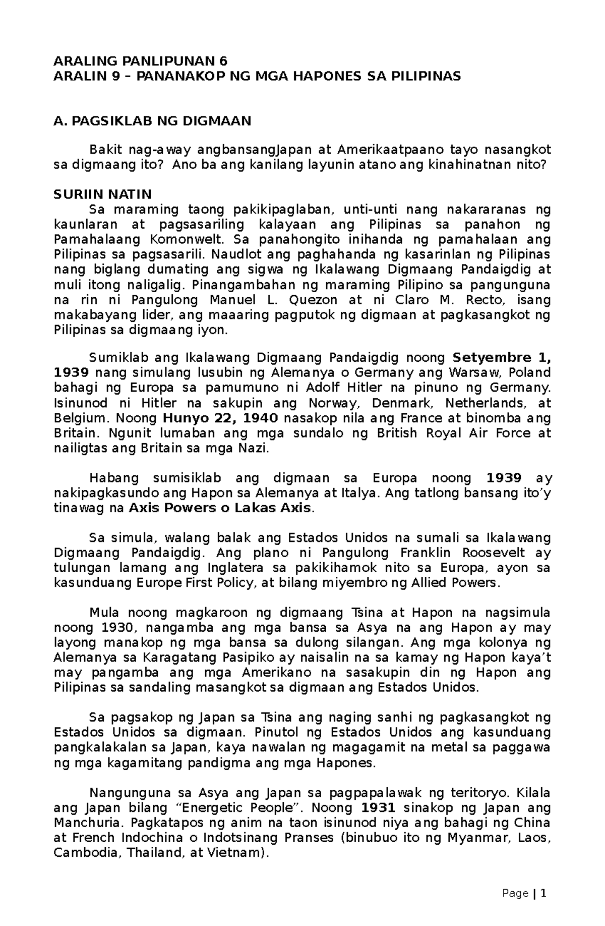 Lesson Aralin 9 AP6 LECTURE ARALING PANLIPUNAN 6 ARALIN 9