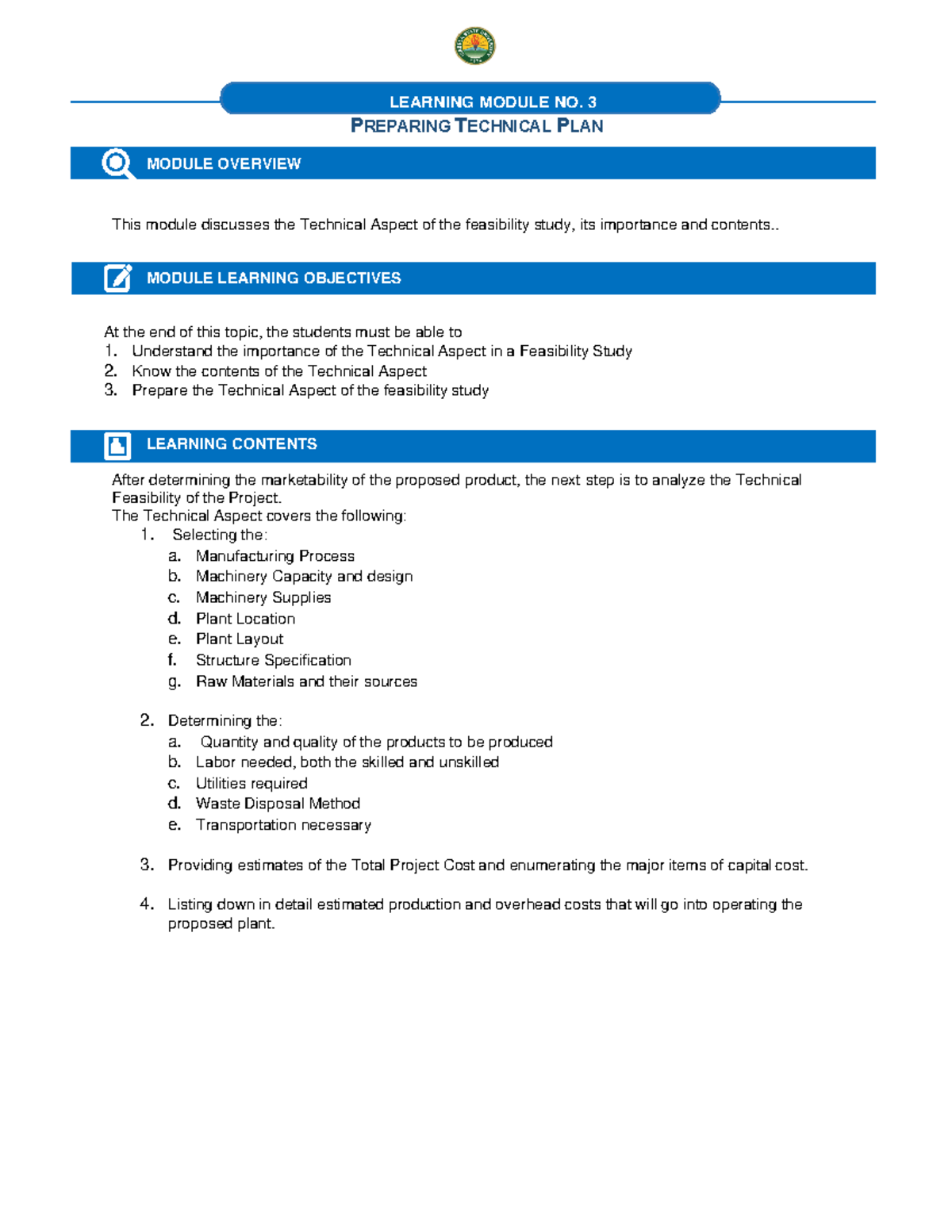 Module 3 Feasibility Study Technical Aspect 1 PREPARING TECHNICAL
