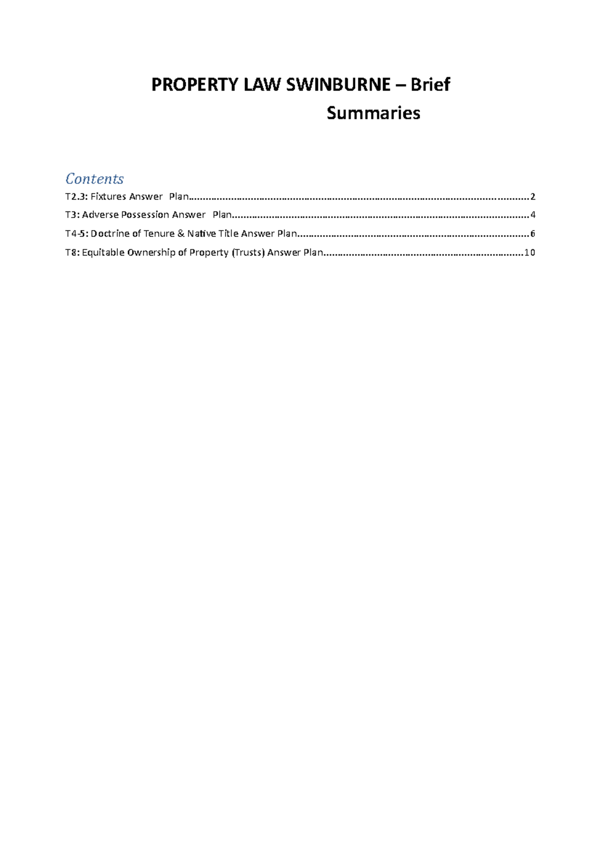 Property law answer guides brief summaries PROPERTY LAW SWINBURNE