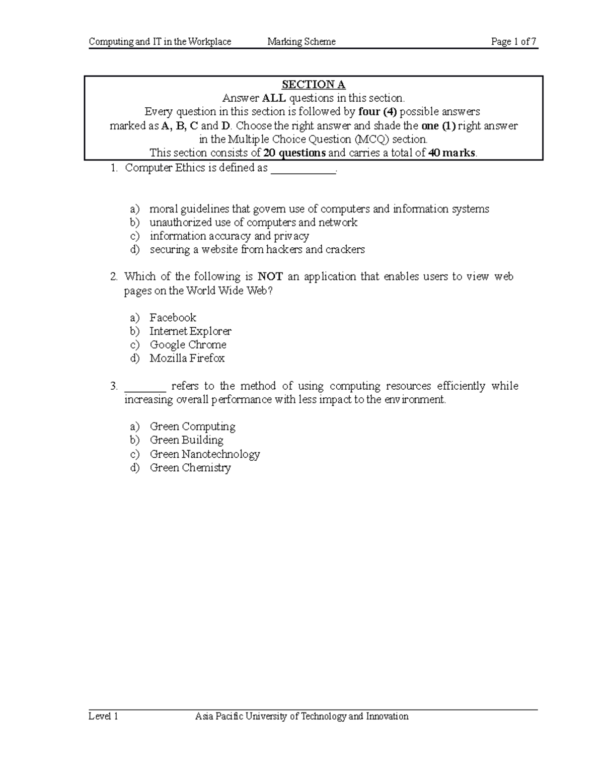 CITW Exam Sample - SECTION A Answer ALL questions in this section ...