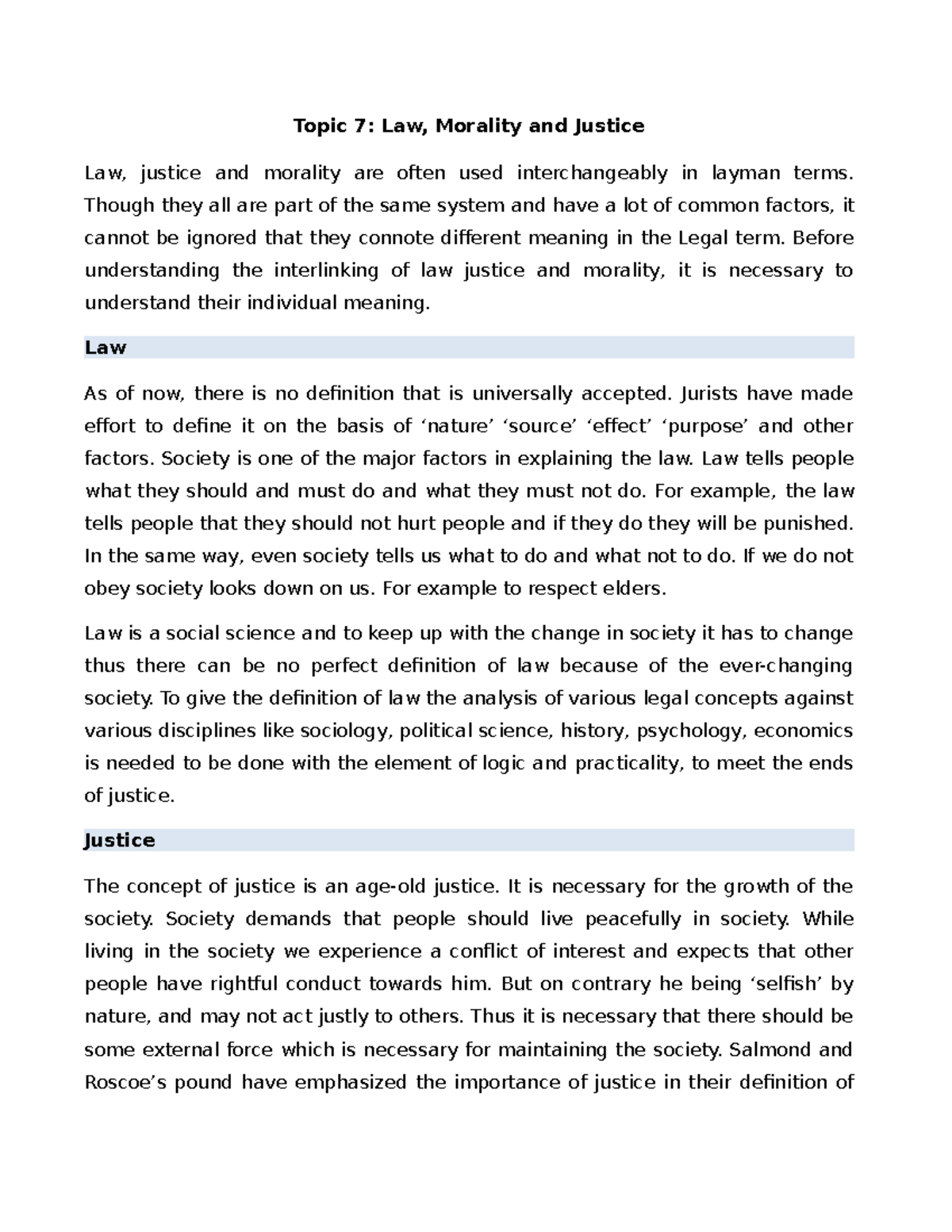 Topic 7 Law, Morality and Justice I - Topic 7: Law, Morality and ...