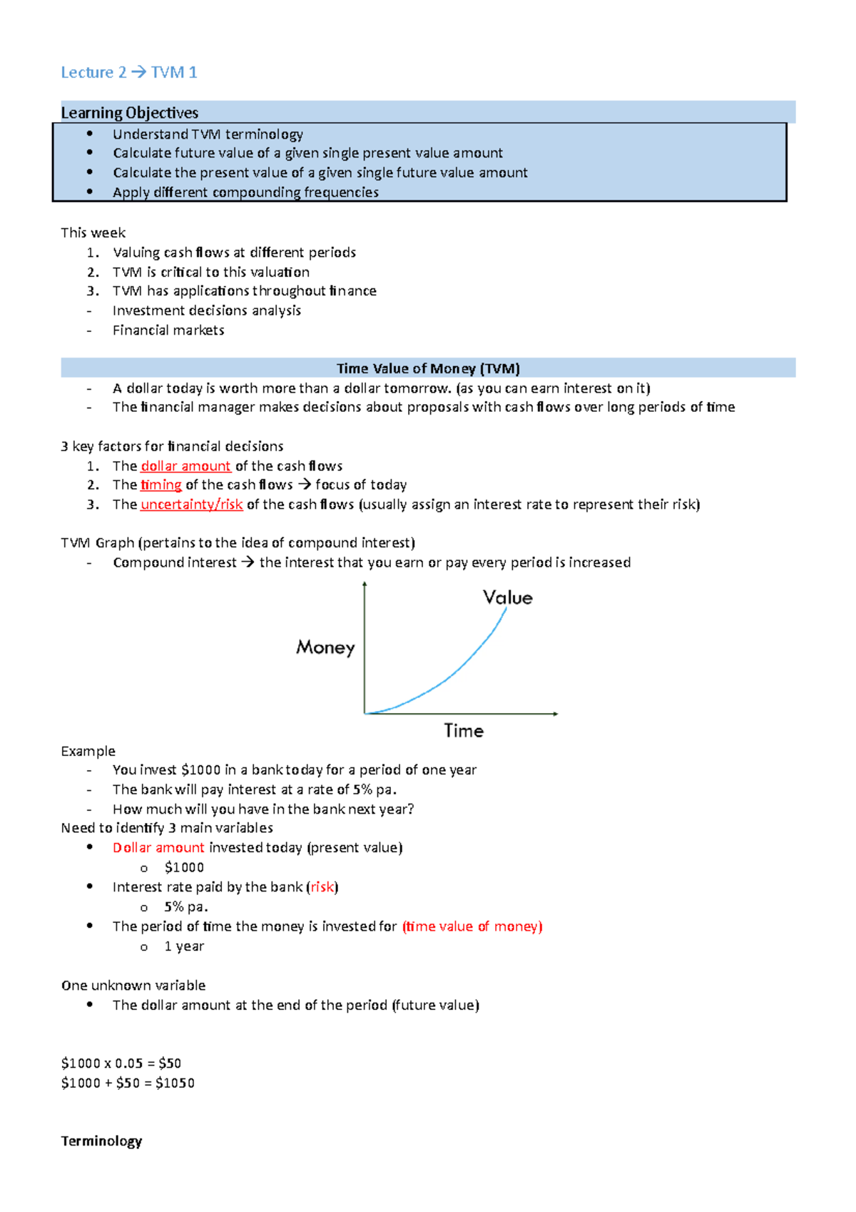 Lecture 2 - Time Value of Money 1 - Lecture 2 TVM 1 Learning Objectives ...