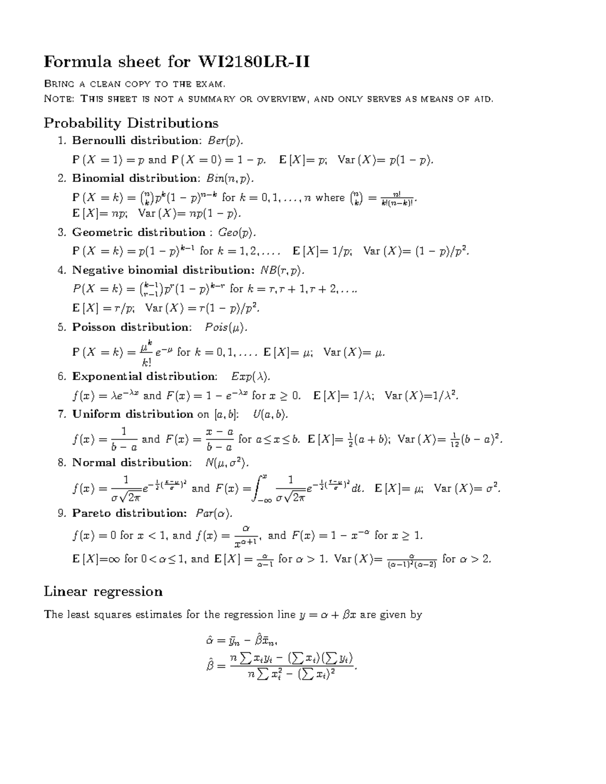 Formulasheet - Formula sheet for Probability and Statistics - Formula ...
