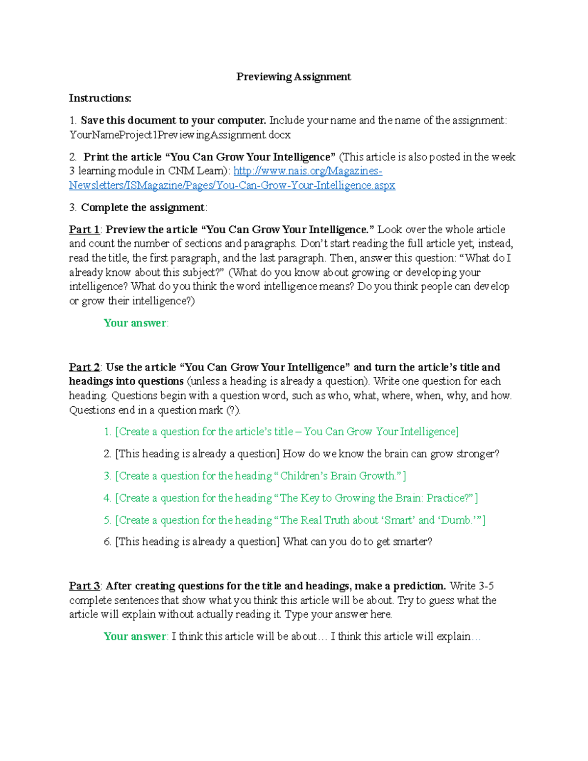Project 1 Previewing Assignment - Previewing Assignment Instructions ...