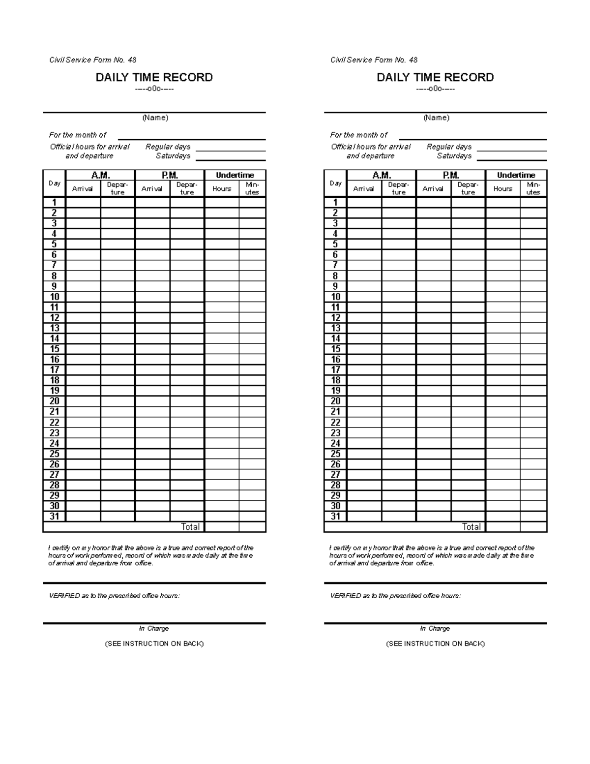 CSC Form 48 Daily Time Record (DTR) - Civil Service Form No. 48 DAILY