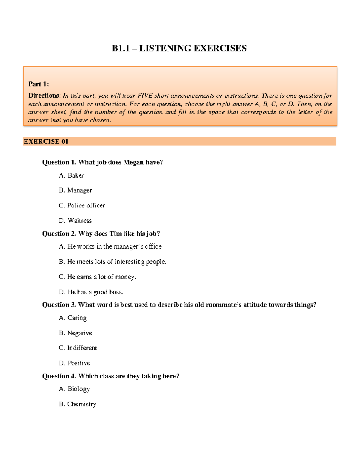 B1.1 - Listening Exercises - B1 – LISTENING EXERCISES EXERCISE 01 ...