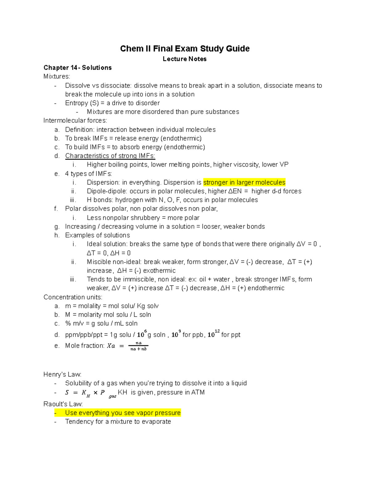 Chem 2 Final Exam Study Guide - Chem II Final Exam Study Guide Lecture ...