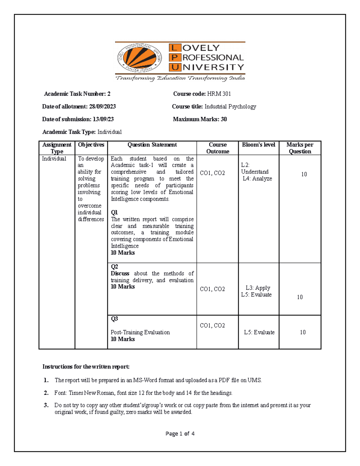 A237972812 29865 28 2023 Assigned CA2 HRM 301 - Academic Task Number: 2 ...