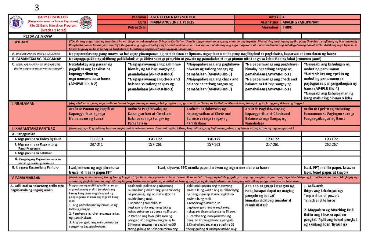 AP Grade 4 DLL Q3, Week 4 - NONE - DAILY LESSON LOG (Pang-araw-araw na ...