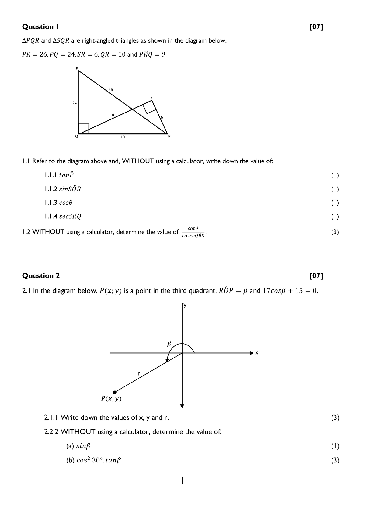 Grade 10 Math Revision Exam Prep 1 Question 1 [ 07 ] ∆𝑃𝑄𝑅 And ∆𝑆𝑄𝑅