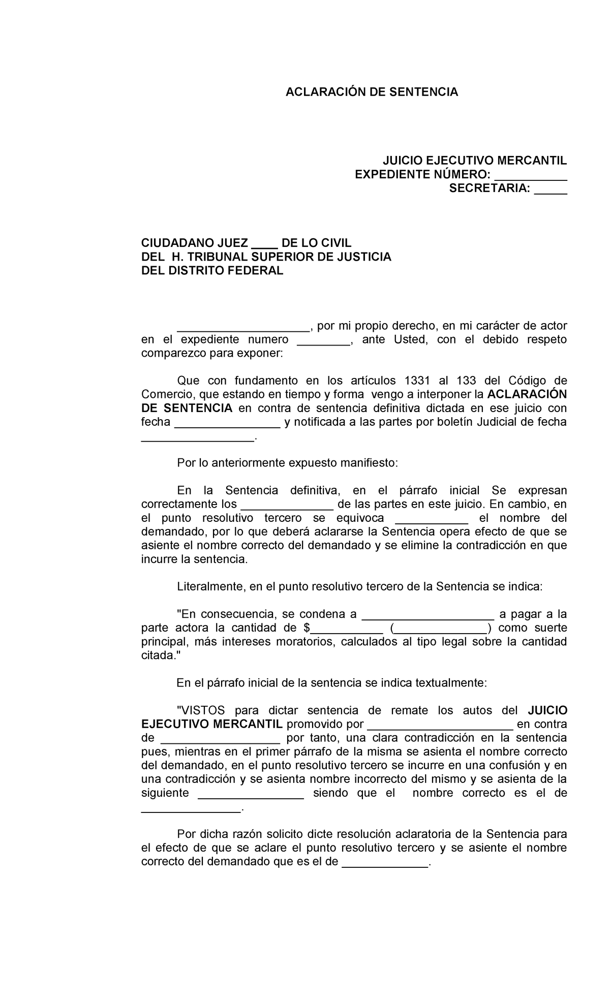 Aclaración DE Sentencia MERCANTIL - ACLARACIÓN DE SENTENCIA JUICIO  EJECUTIVO MERCANTIL EXPEDIENTE - Studocu