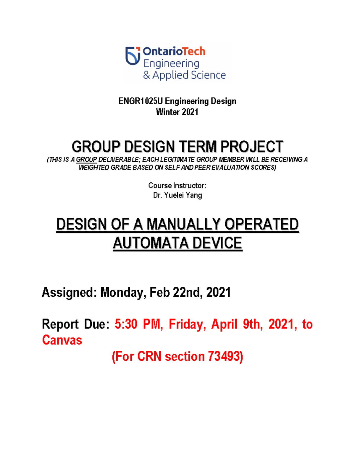 W2021 ENGR1025U Group Design Project CRN73493 - ENGR1025U Engineering ...