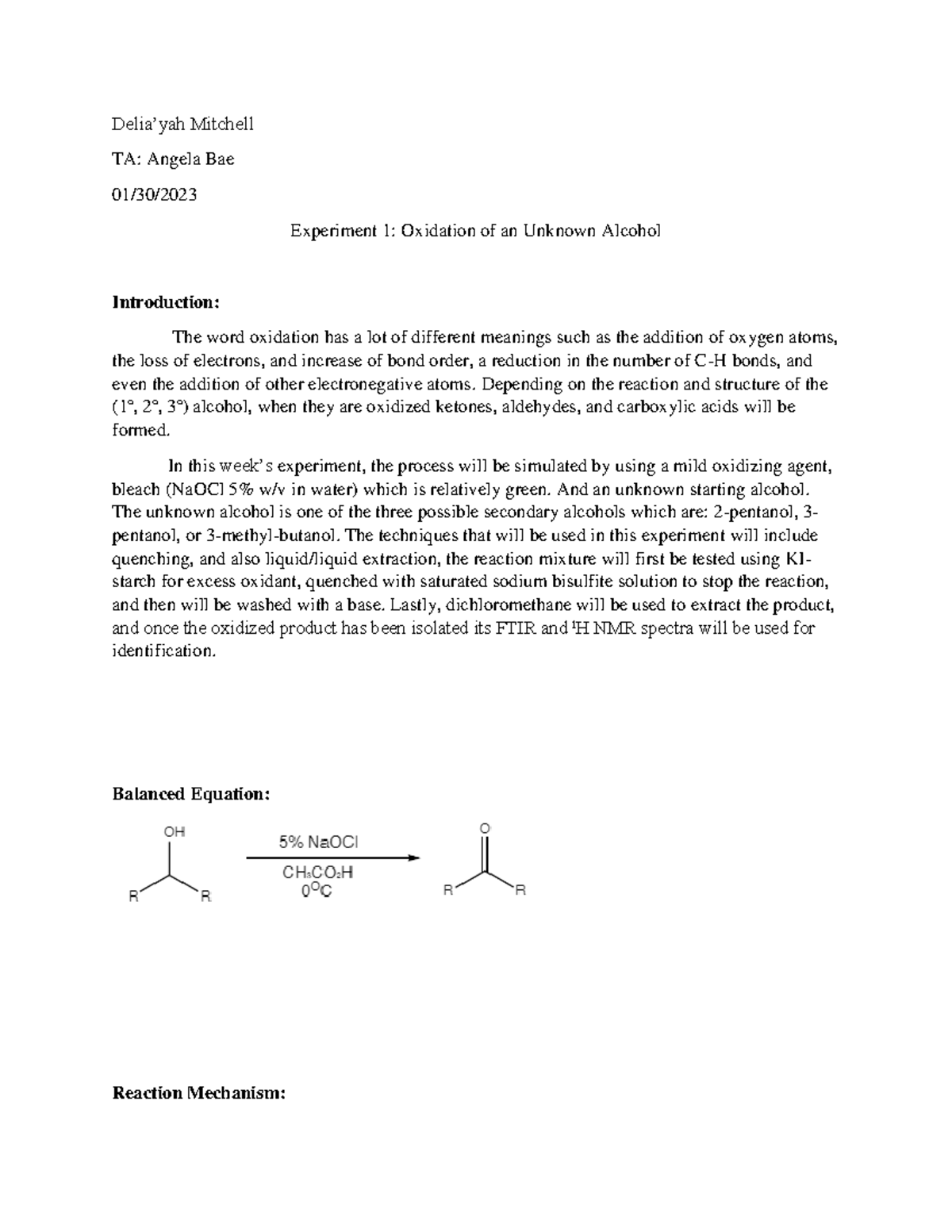 Experiment 1 Oxidation Of An Unknown Alcohol Ochem Lab Finished - Delia ...