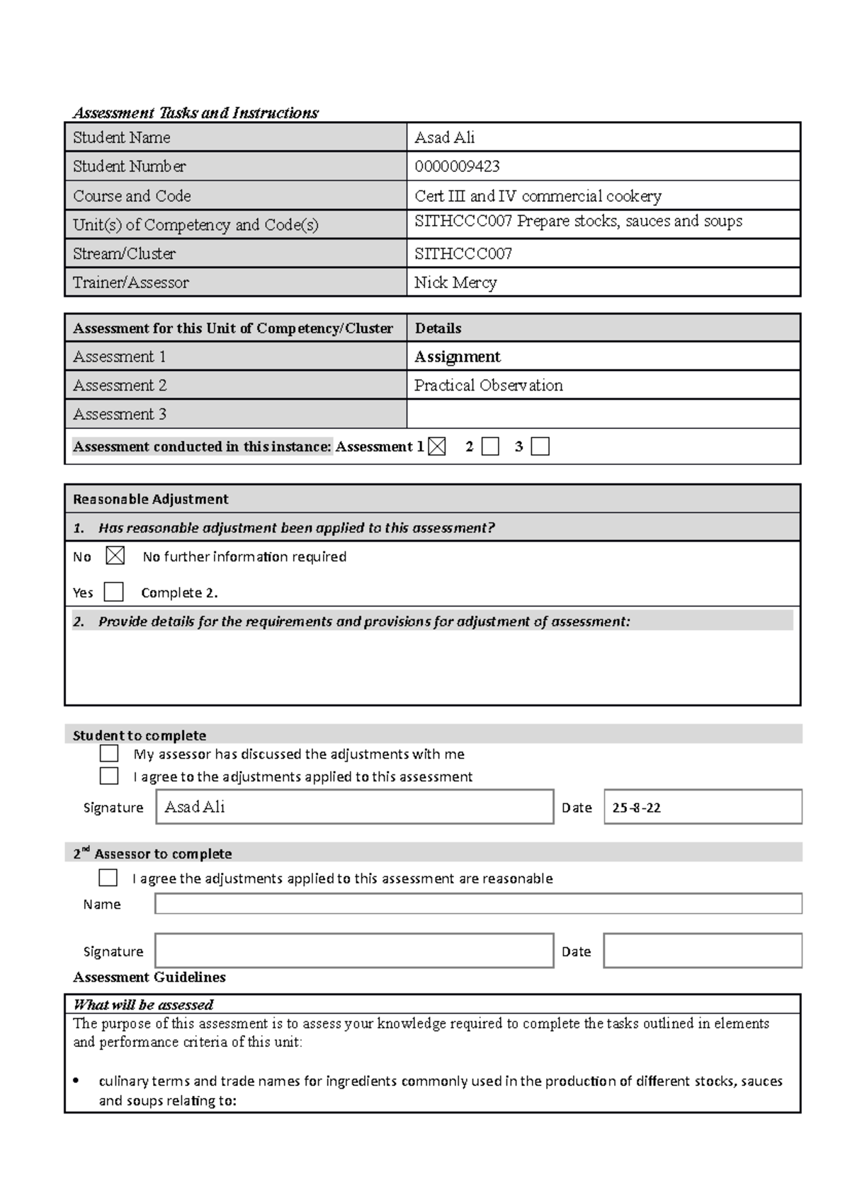 Sithccc 007 Assessment 1 -Assignment - Assessment Tasks and ...