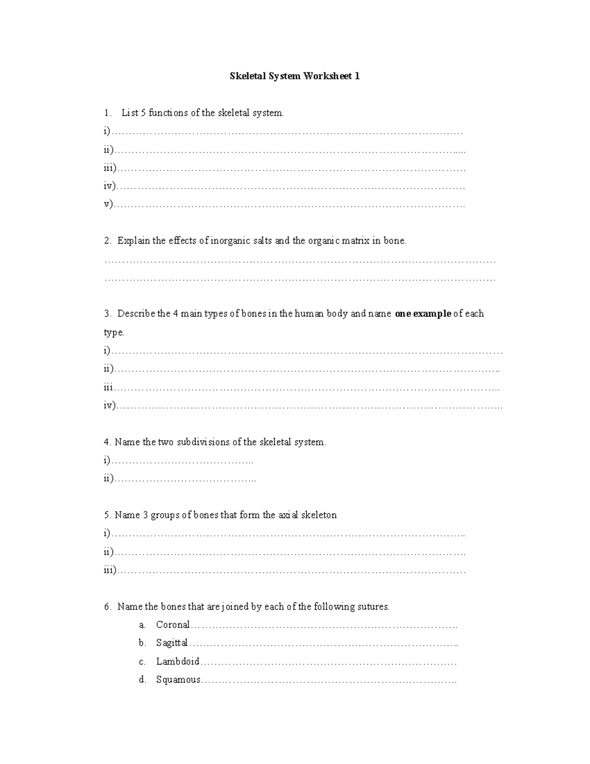 Skeletal System Worksheet - - Studocu
