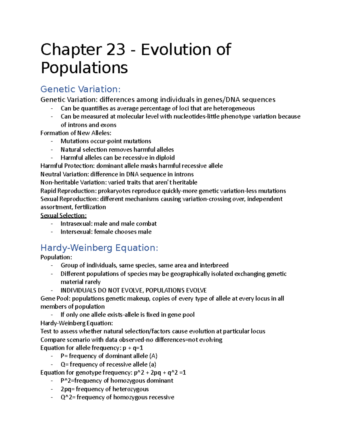 Chapter 23 - Textbook Notes. - Chapter 23 - Evolution of Populations ...