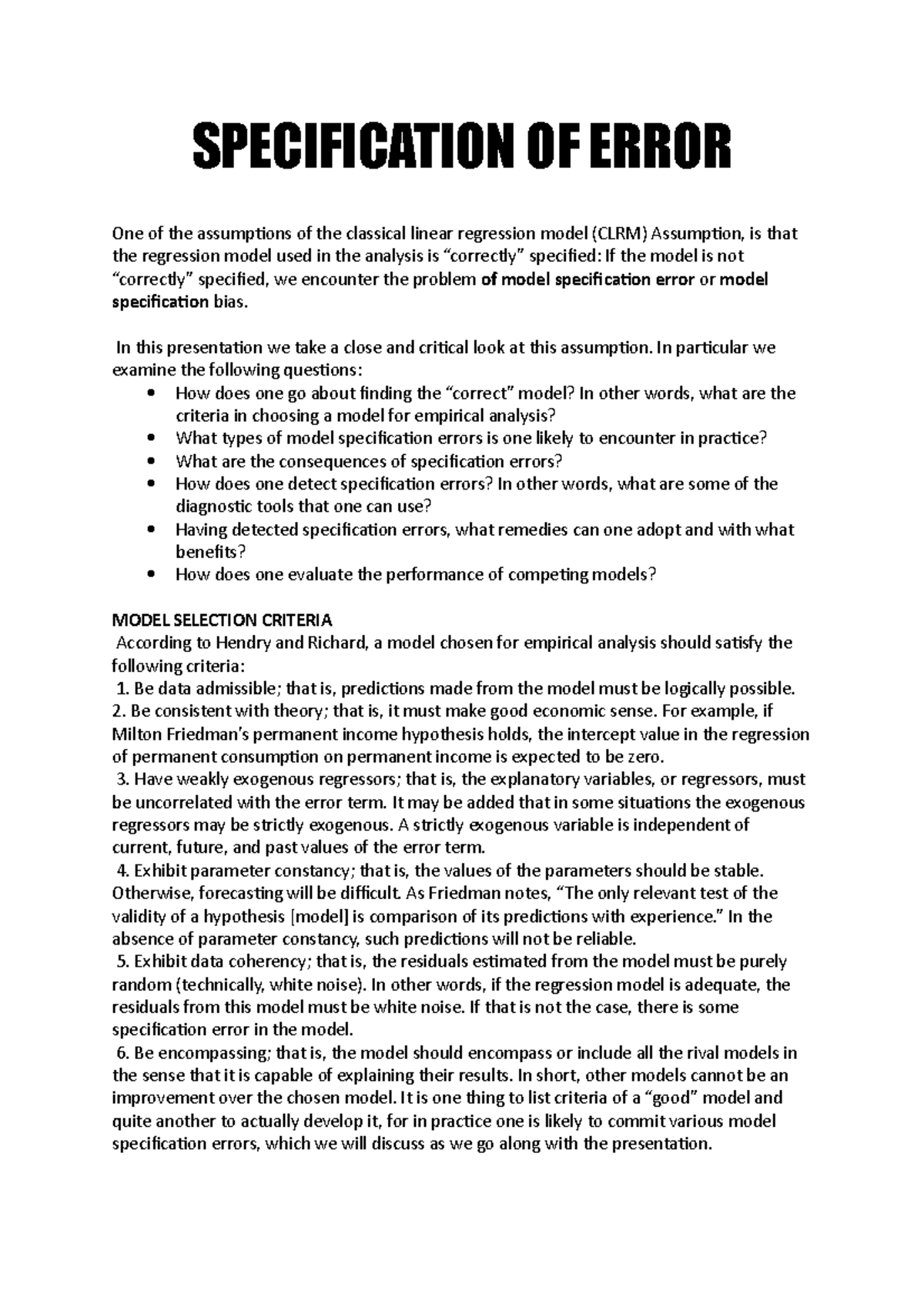 Note on Specification of erro - SPECIFICATION OF ERROR One of the ...