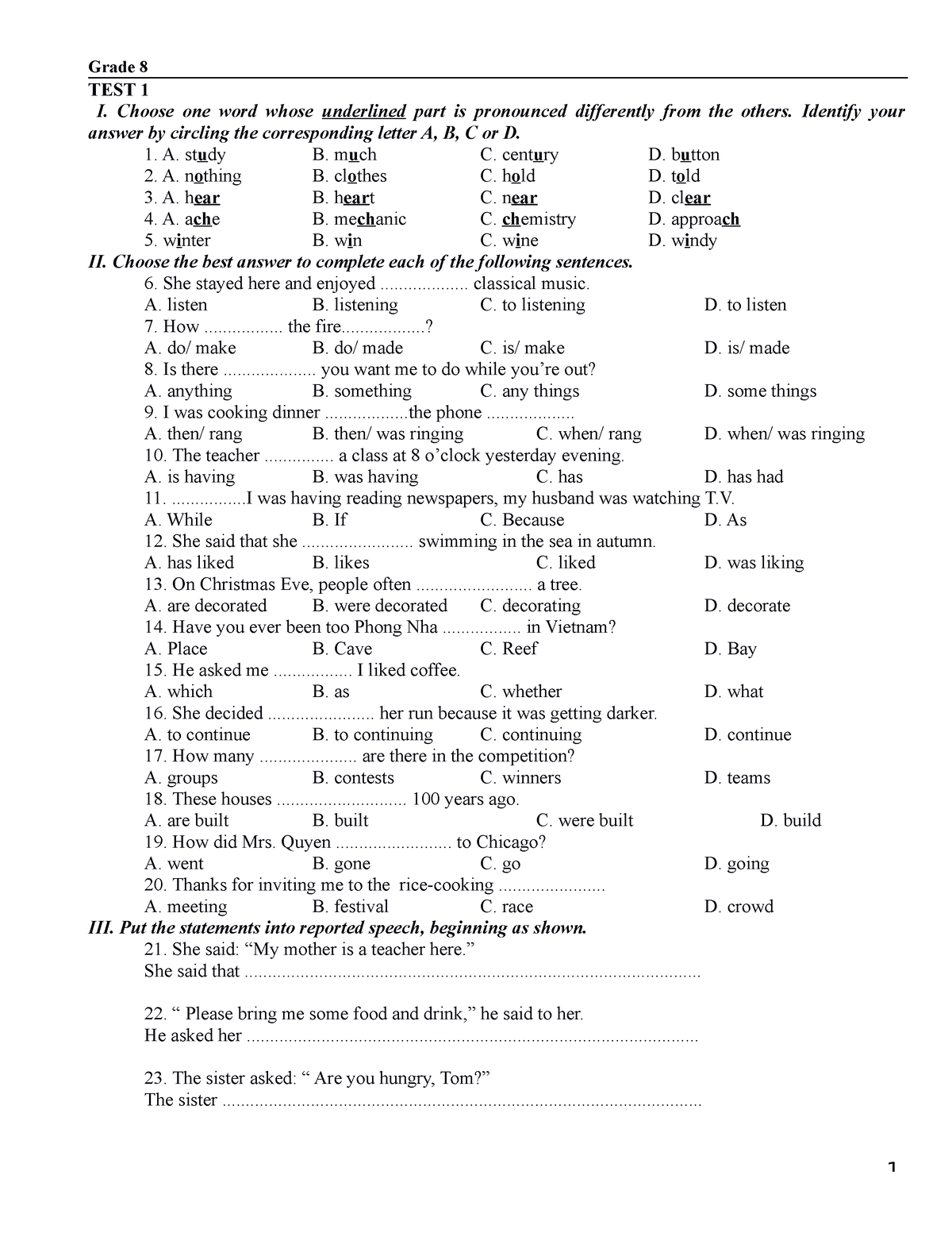 [123doc] - Bai-tap-tong-hop-tieng-anh-lop-8-hkii - TEST 1 I. Choose One ...