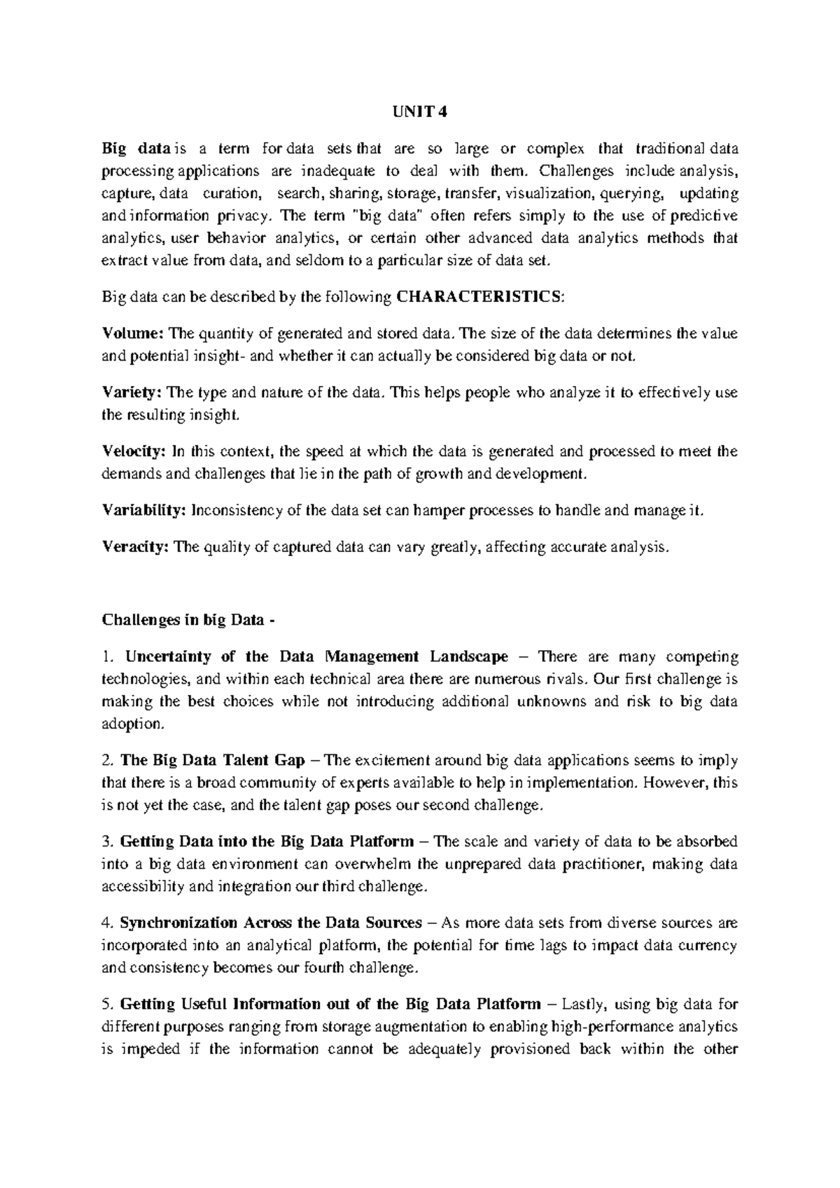 UNIT 4 LT - Notes - UNIT 4 Big data is a term for data sets that are so ...