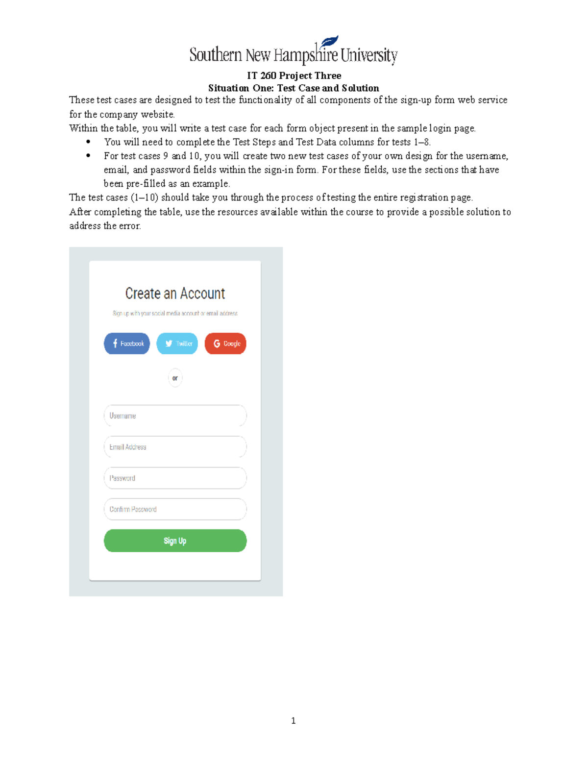 IT 260 Project Three Situation One Test Cases - Within the table, you ...