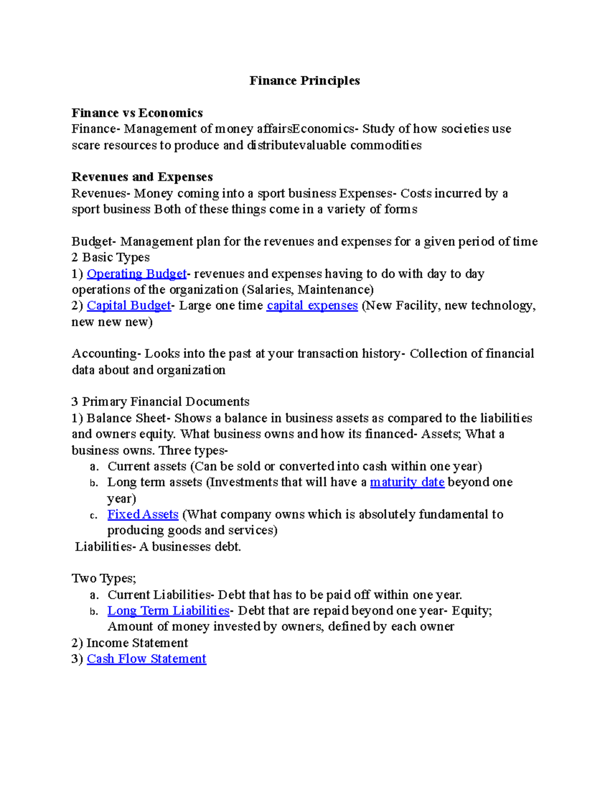 Finance Principles - Lecture notes 1-10 - Finance Principles Finance vs ...