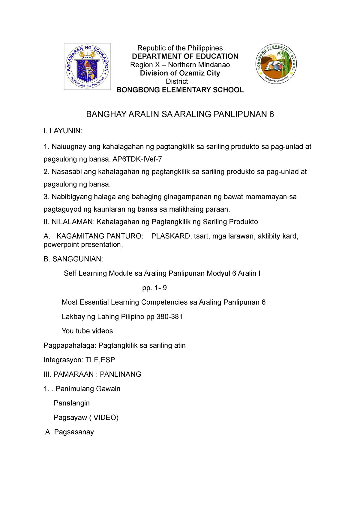 Cot 2 Lesson Plan Araling Panlipunan Republic Of The Philippines Department Of Education 6479