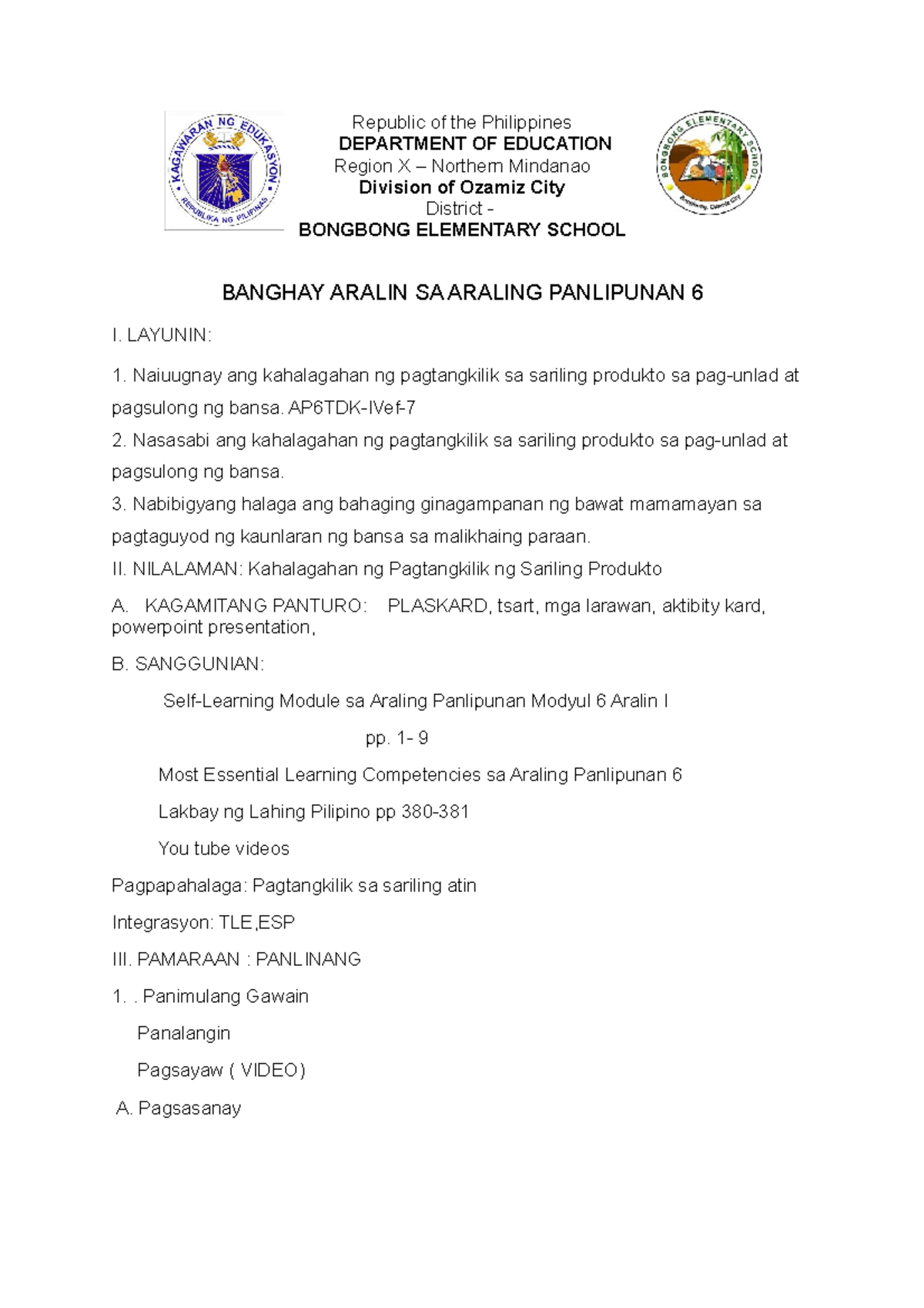 COT 2 Lesson PLAN Araling Panlipunan Republic Of The Philippines 