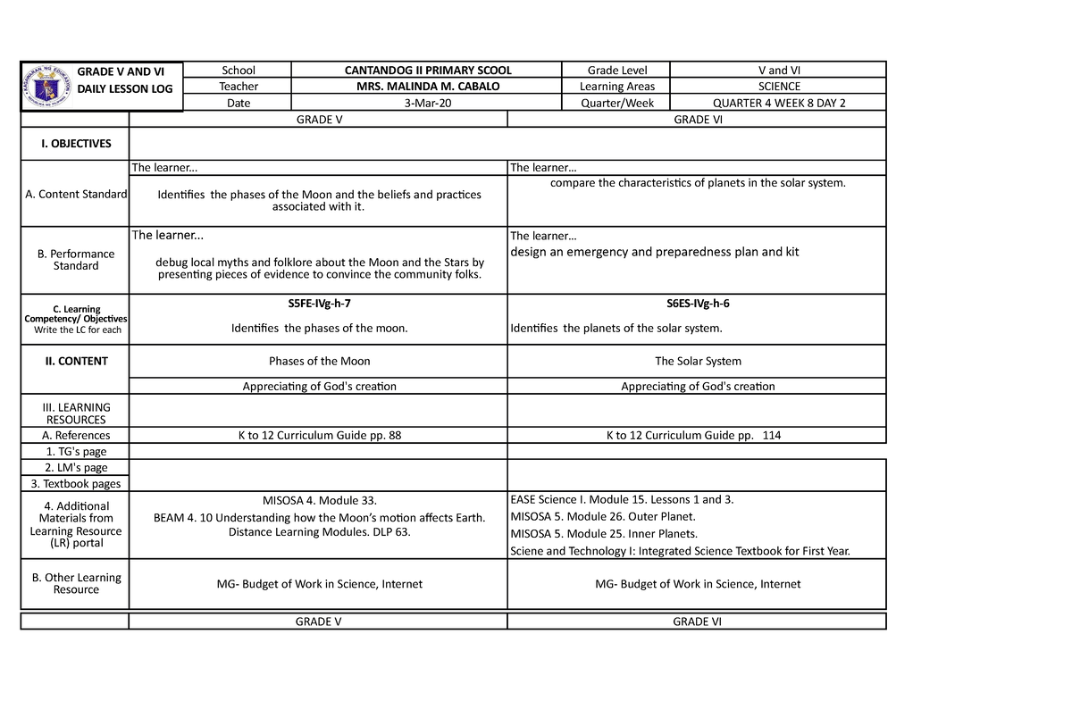 Cot Science 5 Amp 6 Multigrade Class - GRADE V AND VI DAILY LESSON LOG ...