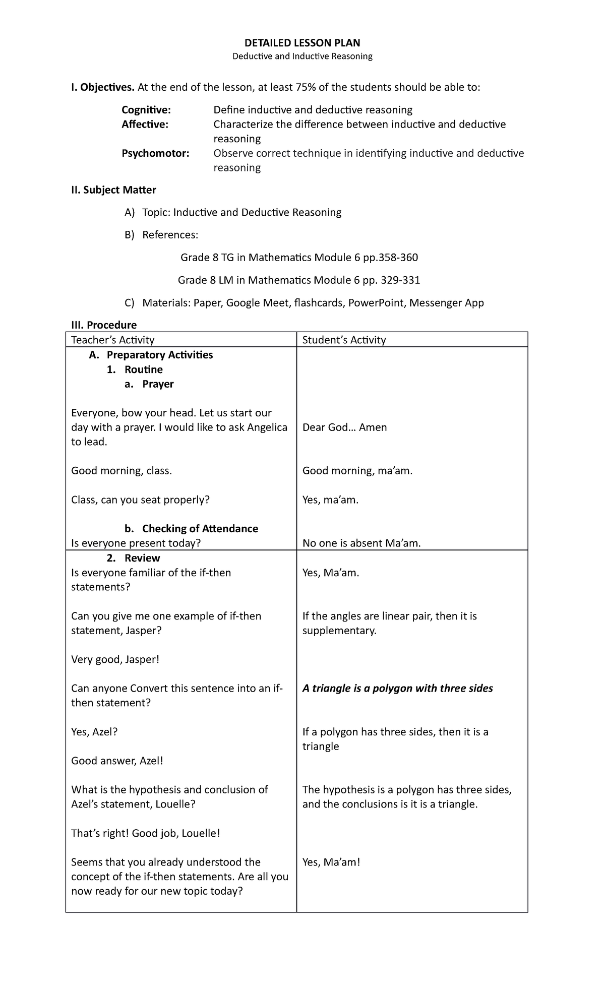 Final EXAM- DLP - Detailed Lesson Plan for Grade 8 - Deductive and ...