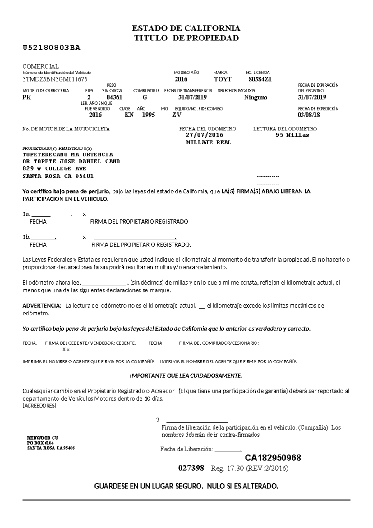 Formato Title Traducido DMV - REDWOOD CU PO BOX 6104 SANTA ROSA CA ...