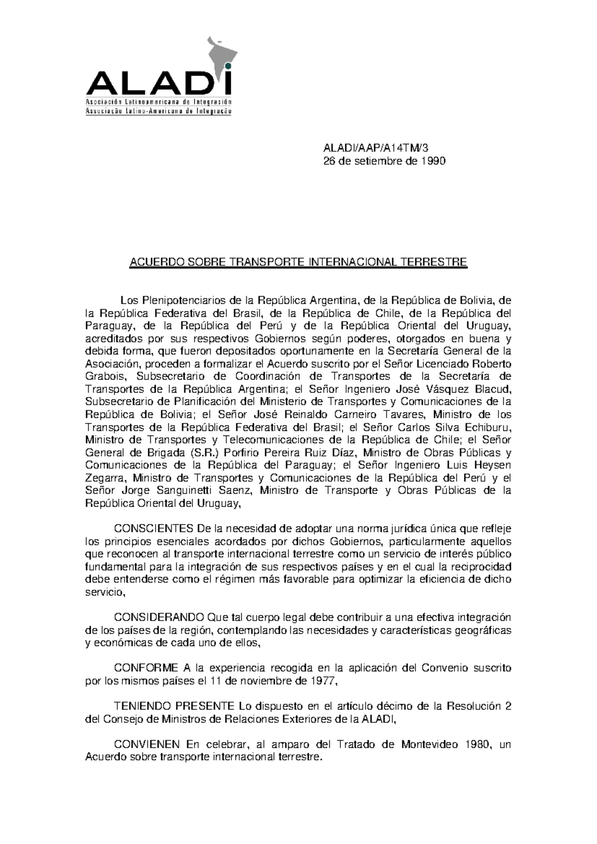 Acuerdo Multilateral sobre Transporte Internacional Terrestre - ALADI ...