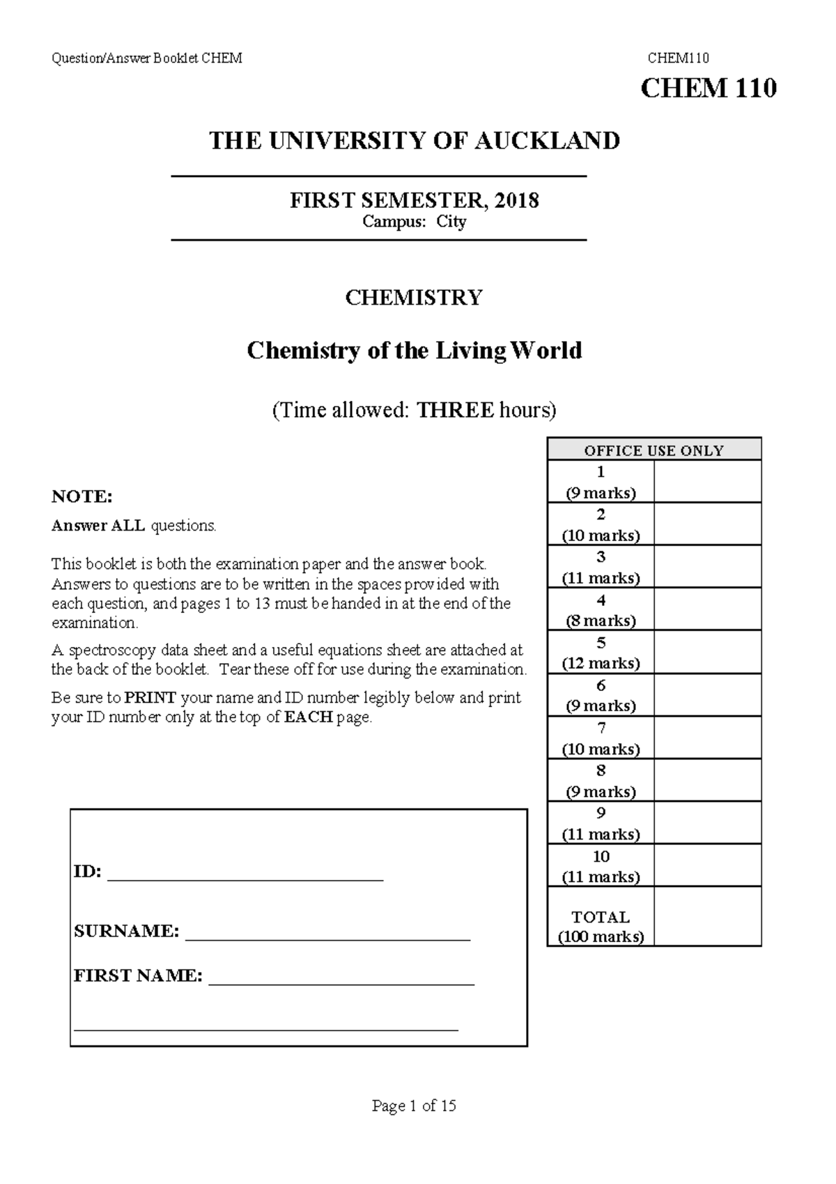 CHEM 110 Semester 1 2018; Practice Exam Materials - Chemistry Of The ...