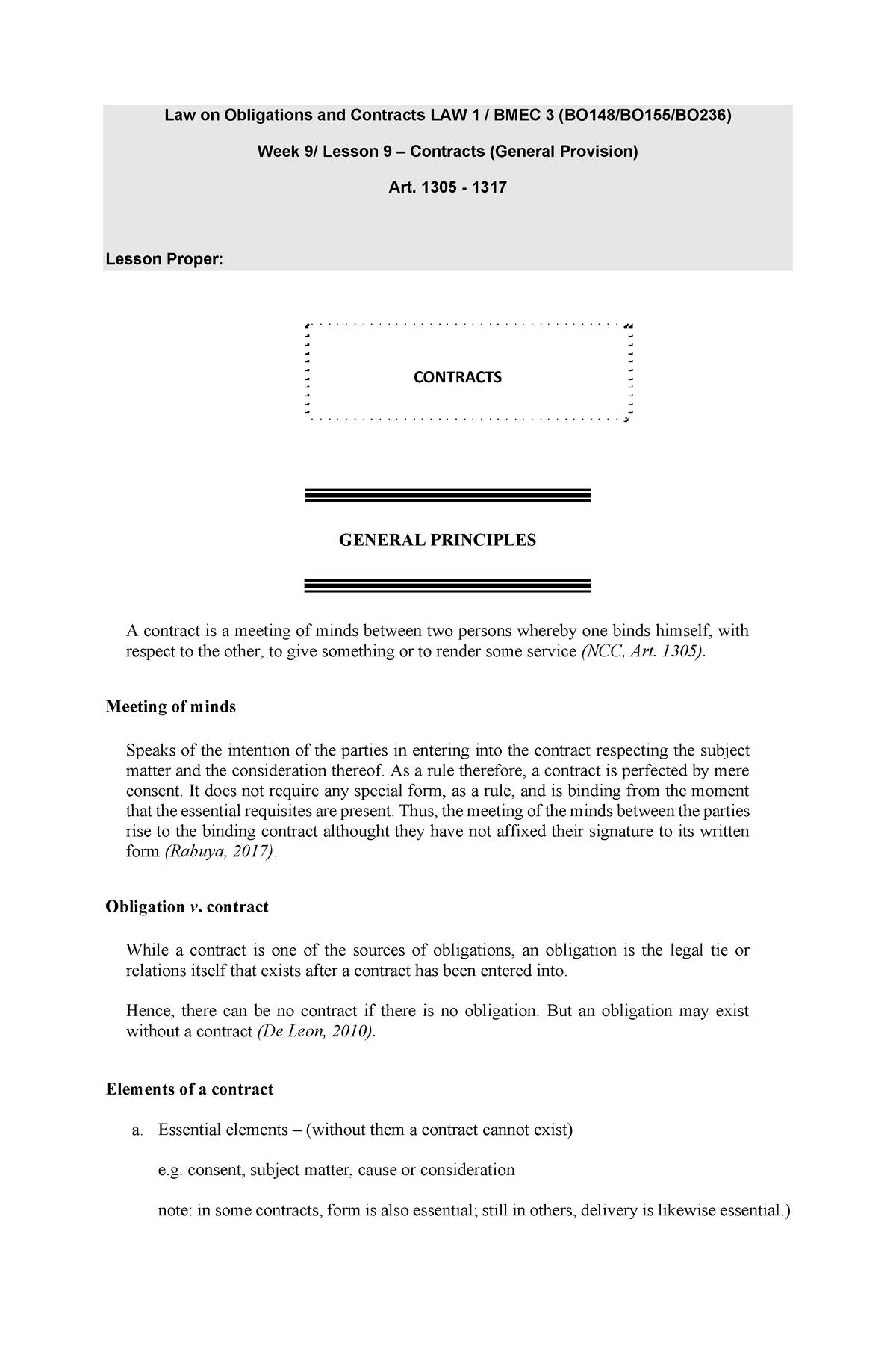 Contracts (Week 9) - Lecture Notes - Law On Obligations And Contracts ...