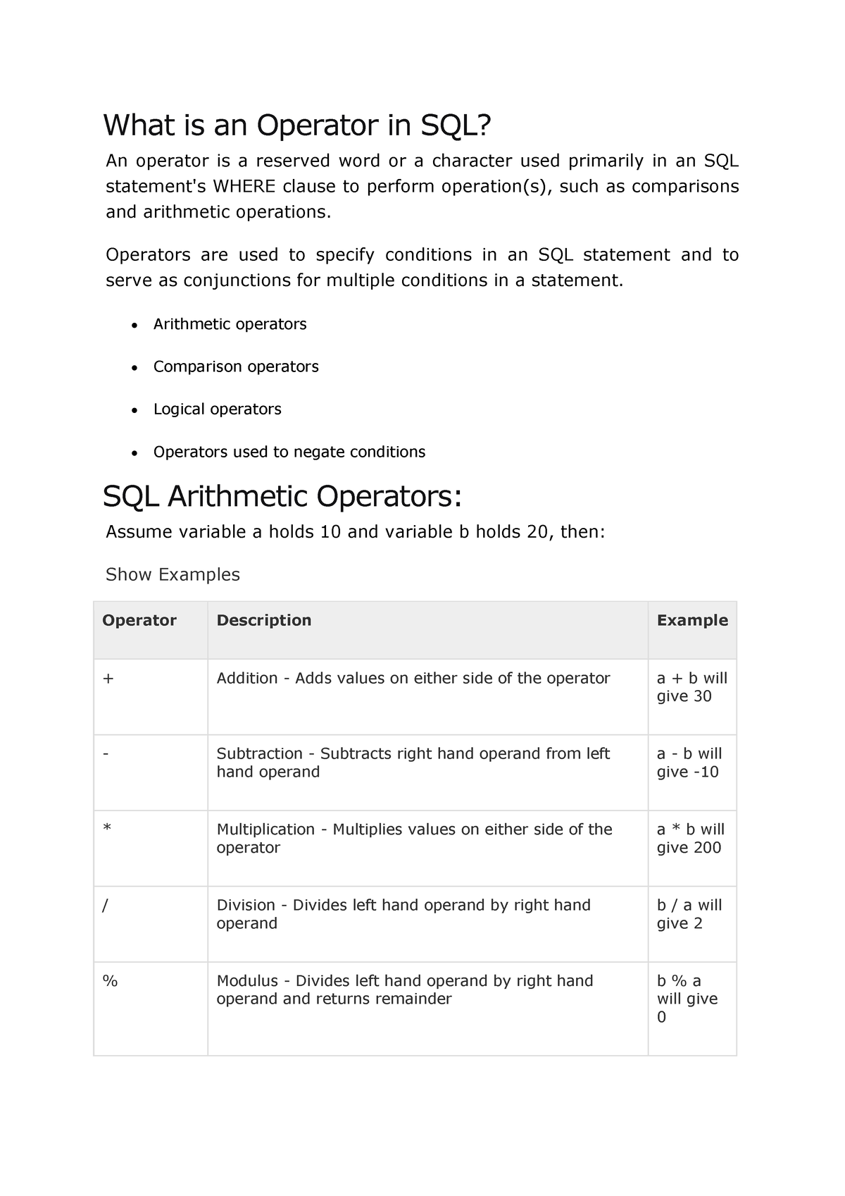 what-is-an-operator-in-sql-operators-are-used-to-specify-conditions