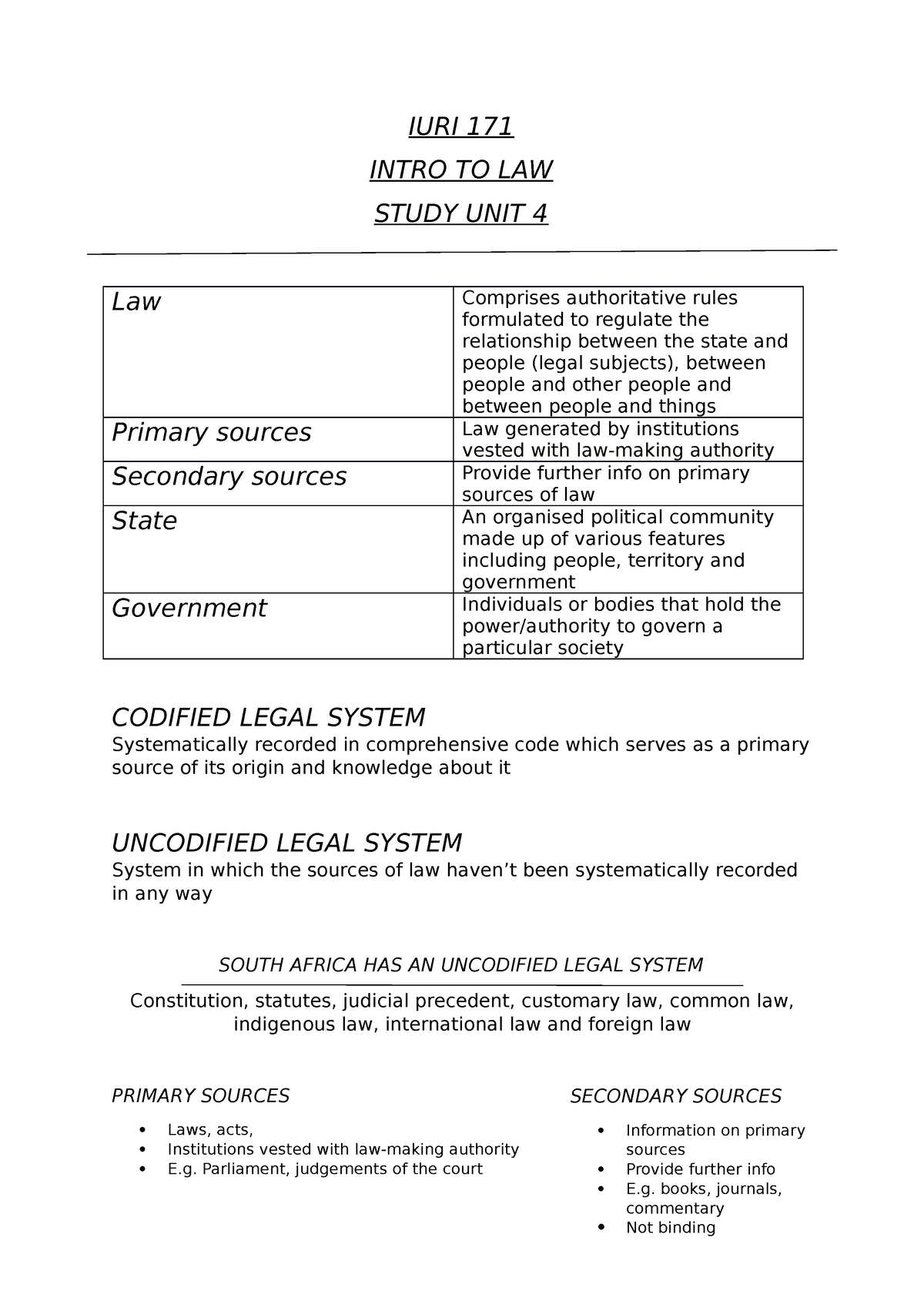 STUDY UNIT 4 IURI 171 - IURI 171 INTRO TO LAW STUDY UNIT 4 Law ...