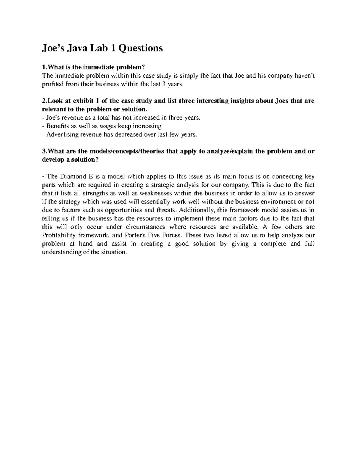 Joes Java Prep Questions - Joe’s Java Lab 1 Questions 1 is the ...