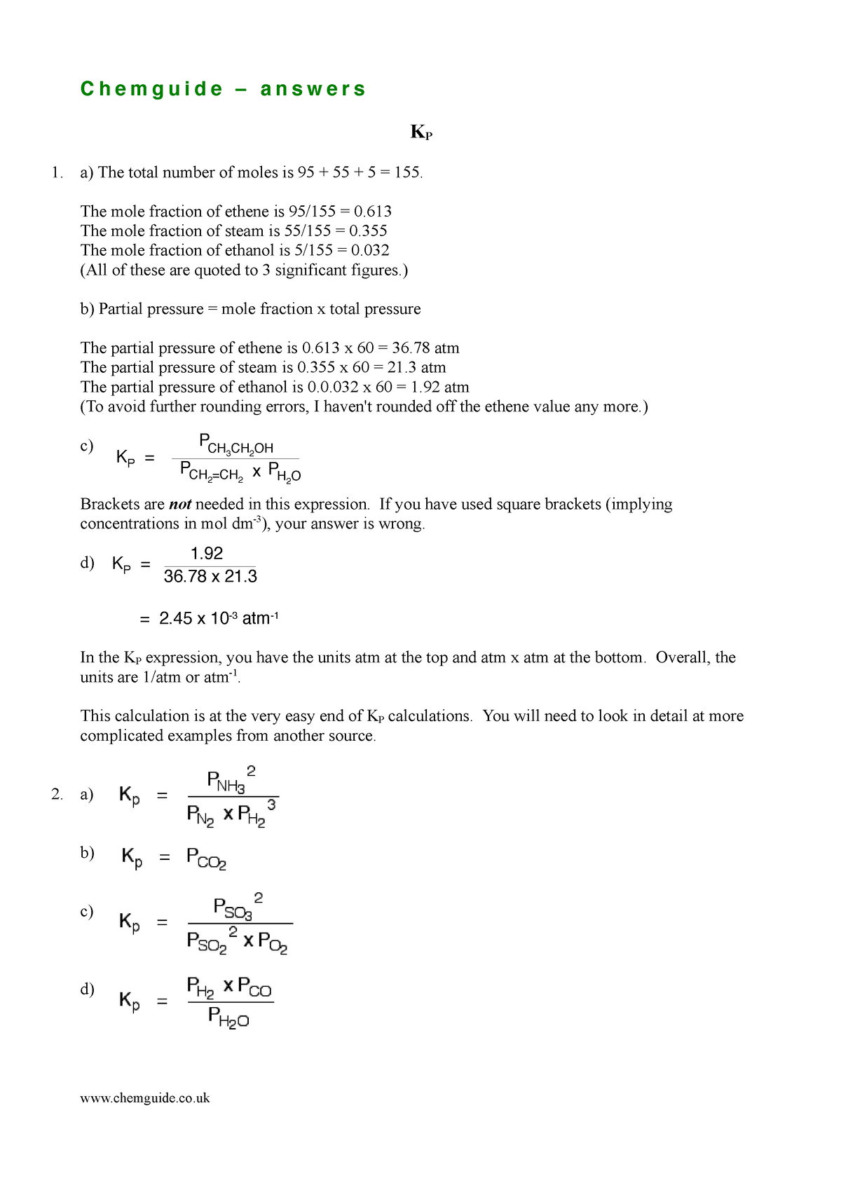 Chemguide Answers - C H E M G U I D E – A N S W E R S KP A) The Total ...