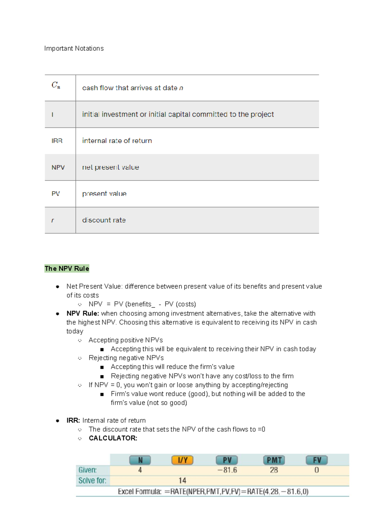 Chapter 8 - Lecture notes 8 - Important Notations The NPV Rule Net ...